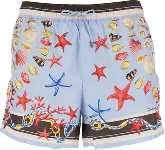 Dolce & Gabbana Light Blue Swim Shorts With Drawstring Elastic Waist And All-over Print In Tech Fabric Man