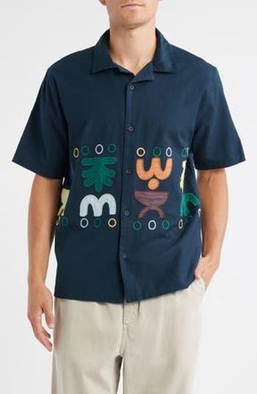 Wax London Didcot Bold Doodle Embroidered Cotton & Linen Camp Shirt in Navy /Multi at Nordstrom Rack, Size Xx-Large