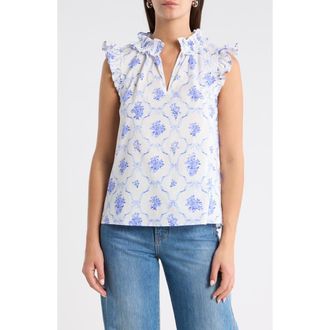 Sugarlips Nia Floral Jaye Flutter Sleeve Stretch Cotton Top in White-Blue at Nordstrom, Size X-Small