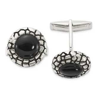 Diamond2Deal Sterling Silver Polished Round Onyx with Enamel Cuff Links