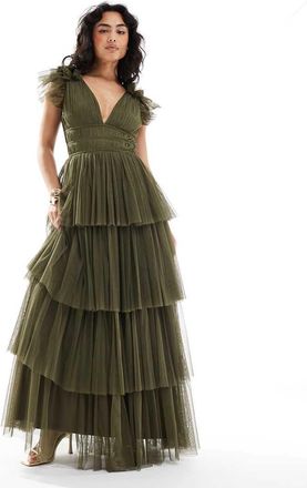 Lace & Beads Vestito lungo da damigella in tulle a balze verde oliva intenso con volant