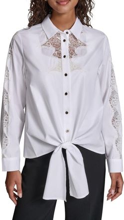 Karl Lagerfeld Lace Inset Front Tie Shirt in White at Nordstrom, Size X-Large