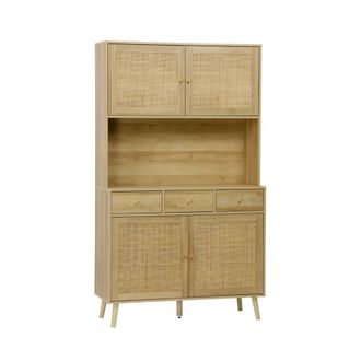 Sweeek Aparador de madera y ca&ntilde;a, 4 puertas y 3 cajones, 110cm, natural
