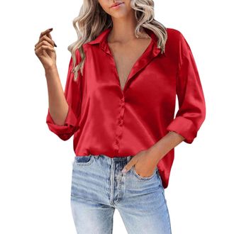 Generic Women Satin Blouse Button Down Long Sleeve V Neck Collar Shirts Dressy Casual Office Work Going Out Tops (Red, M)