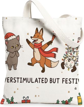 Generic Christmas Animal Canvas Tote Bags, Cute Cat and Fox Print Reusable Grocery Bags, Winter Fanciful Lightweight Washable Shoul, White, 13x15 Inch