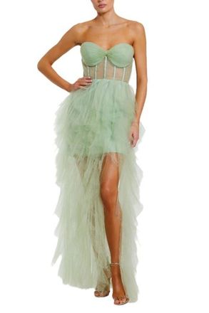 Mac Duggal Strapless Bustier Net Gown With Spiral Ruffles in Sage at Nordstrom, Size 12