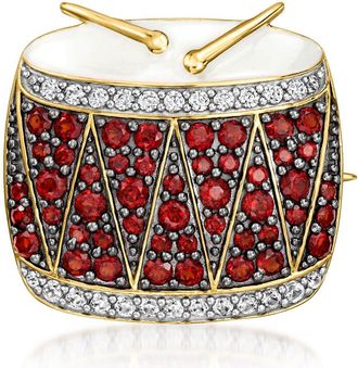 Ross-Simons Garnet and. White Zircon Drum Pin/Pendant With White Enamel in 18kt Gold Over Sterling