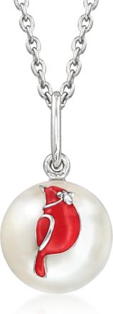 Ross-Simons 8.5-9mm Cultured Pearl and Red Enamel Cardinal Pendant Necklace in Sterling Silver