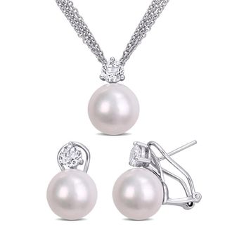 Amour 11-12mm Cultured Freshwater Pearl and 1 3/4 CT TGW White Topaz Omega Clip Earrings and Pendant with Triple Strand Chain In Sterling Silver
