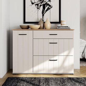 Dmora Aparador Paro, Alacena 2 Estantes, 3 Cajones, Una Puerta, 117x40x86h Cm Blanco Crema