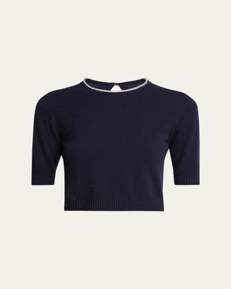 Giorgio Armani Crystal-Collar Cashmere Short-Sleeve Crop Sweater