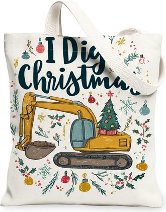 Generic Christmas Excavator Canvas Tote Bags, Fun Heavy Machinery Design Reusable Grocery Bags, Holiday Lightweight Washable Canvas, Cream, 13x15 Inch