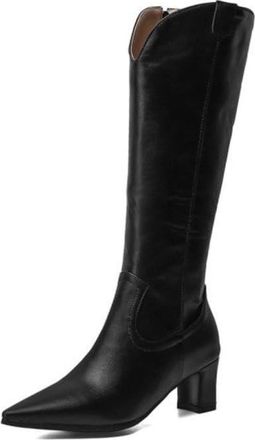 Generic Womens Retro Pointed Toe Knee-High Faux Leather Boots Mid Chunky Heels Comfortable Slip-Resistant Durable Western Cowboy Boots Evening Party Office Sh