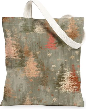 Generic Winter Trees Canvas Tote Bags, Rustic Floral Design Reusable Grocery Bags, Vintage Lightweight Washable Shoulder Strap Canv, Green, 13x15 Inch