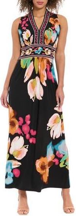 London Times V-Neck Maxi Dress in Black/Coral at Nordstrom Rack, Size 8