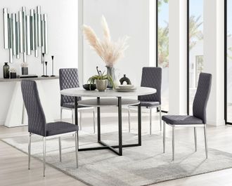 Furniturebox Adley Grey Concrete Effect Round Dining Table & 4 Velvet Milan Chairs