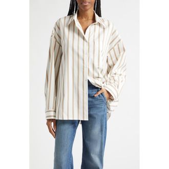 TWP Something Borrowed Stripe Cotton Button-Up Shirt in White /Khaki at Nordstrom, Size X-Small