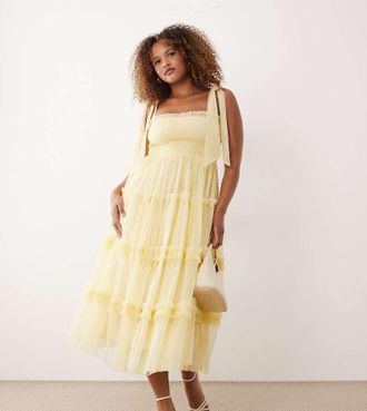 Lace & Beads Plus Vestito midi da cerimonia in tulle color limone con fiocco sulle spalle-Giallo