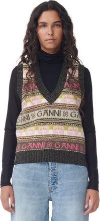 Ganni Sleeveless Logo Wool Mix Vest in Kalamata Size XS Womens