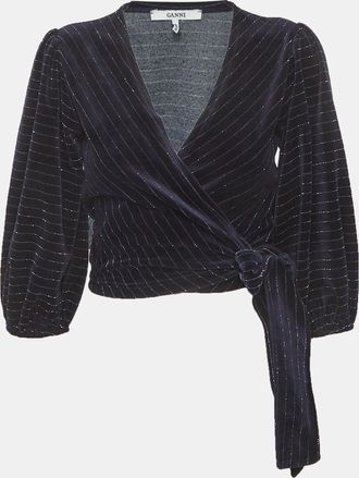 Ganni Ganni Navy Blue Striped Velvet Wrap Top