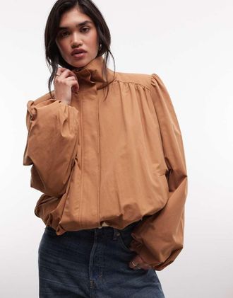 Monki trench con maniche a palloncino e collo alto color cammello-Neutro