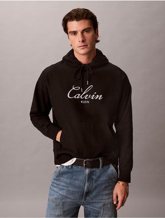 Calvin Klein Jeans Calvin Klein Mens Premium Terry Script Logo Hoodie - Black - XL