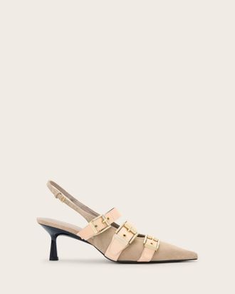 AllSaints Cow Suede Vivian Leather Buckle Slingback Heels, Size: UK 4/ US 7/ EU 37