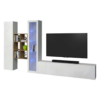 Dmora Dmora - Pared Equipada Dcragn, Conjunto De Sal&oacute;n Mueble De Tv Con 3 Puertas, Mueble De Sal&oacute;n Polivalente Con Vitrina Y Luz Led, 100% Made In Italy, Cm