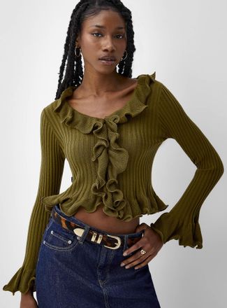 Icone Womens Cropped ruffled rib-knit Cardigan Sweater