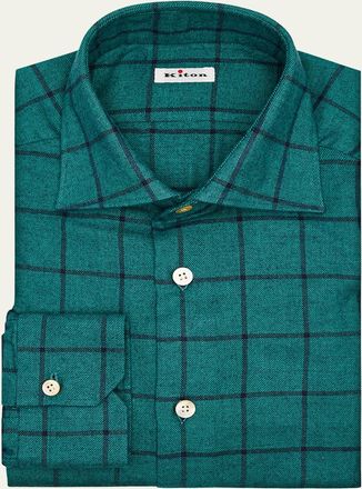 Kiton Mens Cotton Windowpane Check Button-Down Shirt