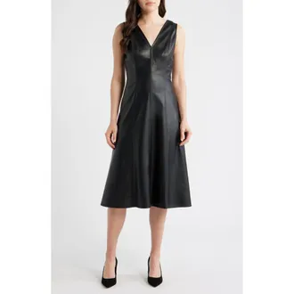 Maggy London V-Neck Faux Leather Fit & Flare Midi Dress in Black at Nordstrom, Size 12