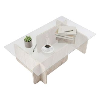Dmora Mesa De Caf&eacute; Rhysand, Mesa De Centro Baja, Revistero Para Sof&aacute;, Estante De La Sala De Estar, 105x65 H30 Cm, Beige Y M&aacute;rmol - Dmora