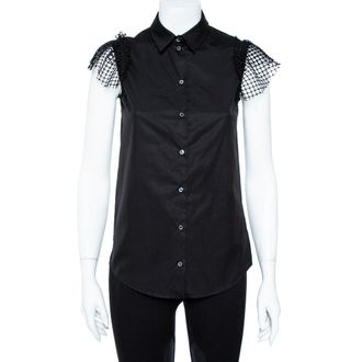 N&deg;21 N21 Black Cotton Grid Lace Paneled Feather Trim Shirt