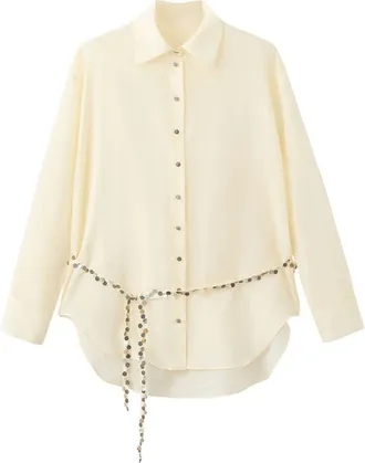 Mango Semi-Sheer Beaded Cotton & Silk Shirt in Off White at Nordstrom, Size 6