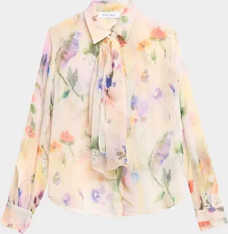 Prabal Gurung Floral-Print Collared Blouse with Tie Detail