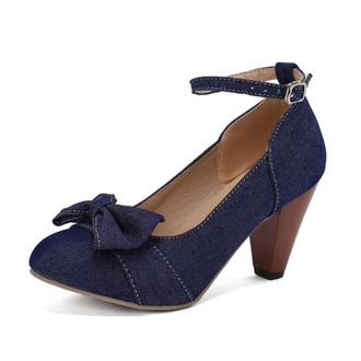 Generic Women Denim Pumps Round Toe Pointed Heel Bow Decor Ankle Strap Buckle Non Slip Durable Comfortable Dress Party Office Shoes,Dark Blue,10.5 UK