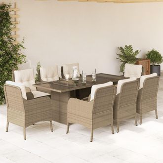 vidaXL Set Comedor De Jard&iacute;n 9 Pzas Con Cojines Rat&aacute;n Sint&eacute;tico Beige Vidaxl