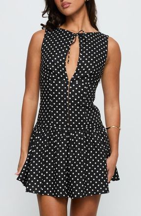 Princess Polly Alissea Polka Dot Keyhole Linen Blend Minidress in Black Polka at Nordstrom, Size 0