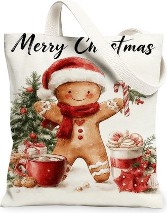 Generic Christmas Gingerbread Canvas Tote Bags, Holiday Treat Design Reusable Bags, Winter Rustic Washable Shoulder Strap for Trave, White, 13x15 Inch