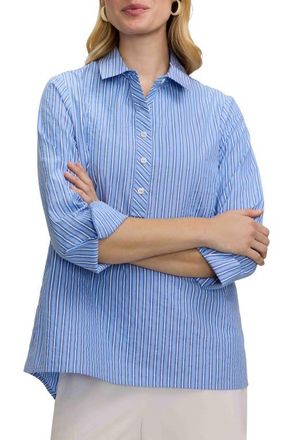 Foxcroft Therese Stripe Button Back Cotton Seersucker Popover Shirt in Blue/Multi at Nordstrom, Size X-Large