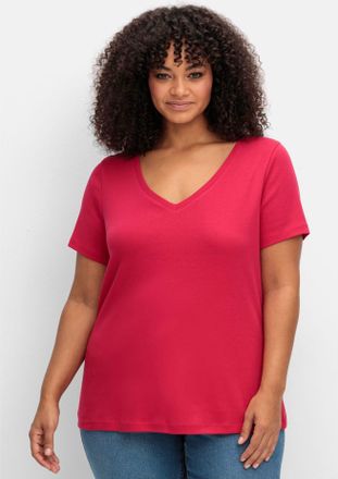 Sheego T-Shirt SHEEGO T-Shirt, Damen, Gr. 40/42, pink (sorbet pink), 100% Baumwolle, unifarben, V-Ausschnitt, Shirts T-Shirt