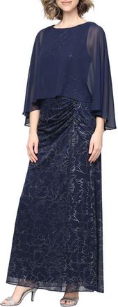 S.L. Fashions Cape Sleeve Floral Glitter Mesh Gown in Navy/silver at Nordstrom, Size 10
