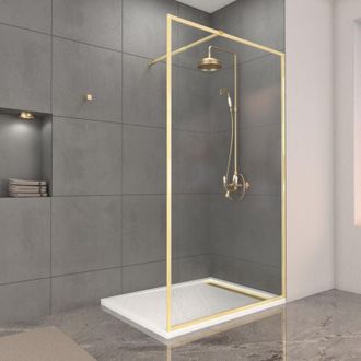 Aurlane Mampara De Ducha 120x200cm Acabado Oro Cepillado + Plato De Ducha Blanco Efecto Piedra 120x90x4cm