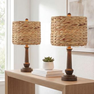 Jonathan Y Designs Leona 21.25 Rustic Farmhouse Handwoven Water Hyacinth/Resin LED Table Lamp, Brown Wood Finish at Nordstrom