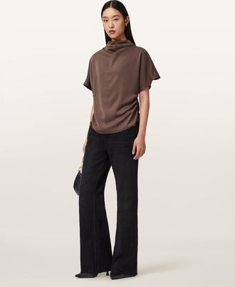 AllSaints Polyester Leslie Satin Short Sleeve Top, Size: UK 14/US 10