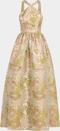 Aidan Mattox Draped Floral Jacquard Halter Gown