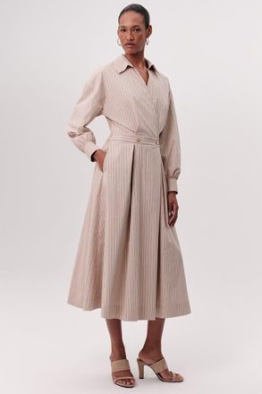 Exquise Kaitlynn Wrap Neck Elastic Waist Midi Dress in Beige at Nordstrom, Size X-Small