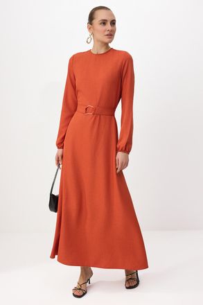 Trendyol Modest Dames Bruin Effen Maxi Lang Casual Skater Modest Jurken