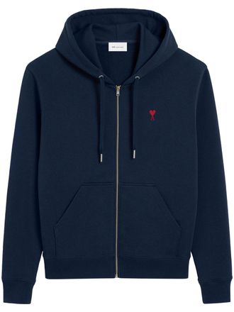 Ami Deep Navy Zipped Hoodie with Embroidered Heart Emblem