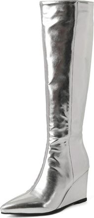 Generic Womens Knee-High Boots Pointed Toe Wedge Heels Stretch Metallic Shiny Fabric Side Zipper Closure Party Night Out Streetwear Shoes,Silver,6.5 UK